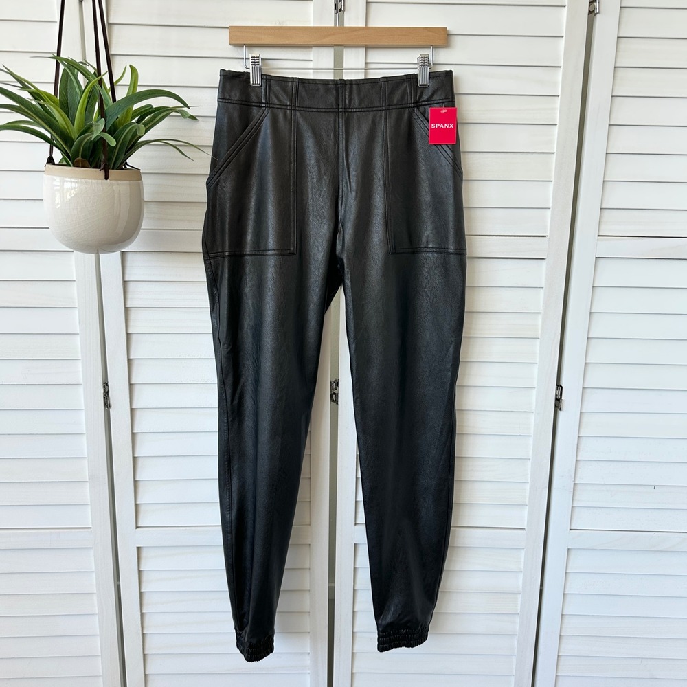 New SPANX Black‎ Leather Like Jogger Pants Elastic Waist Vegan Womens Size Large
